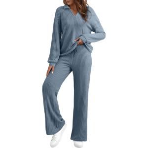 imageEVALESS Womens Pajama Sets Long Sleeve Sleepwear Matching Drawstring Elastic Pj Pants Ribbed Knit 2 Piece Lounge SetBeau Blue