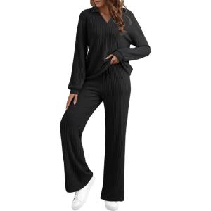imageEVALESS Womens Pajama Sets Long Sleeve Sleepwear Matching Drawstring Elastic Pj Pants Ribbed Knit 2 Piece Lounge SetBlack