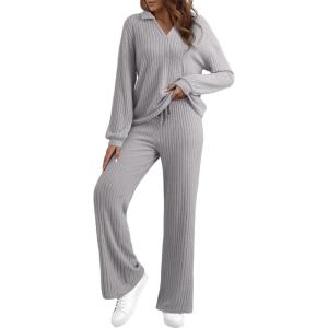 imageEVALESS Womens Pajama Sets Long Sleeve Sleepwear Matching Drawstring Elastic Pj Pants Ribbed Knit 2 Piece Lounge SetGrey