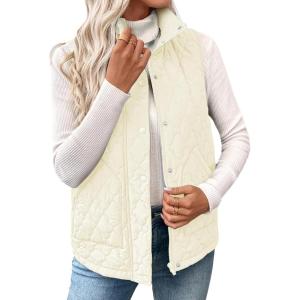 imageEVALESS Womens Puffer Vest Lightweight Stand Collar Sleeveless Cropped Quilted Jackets Button Fall Zip Up Coat OuterwearBeige
