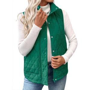 imageEVALESS Womens Puffer Vest Lightweight Stand Collar Sleeveless Cropped Quilted Jackets Button Fall Zip Up Coat OuterwearDark Green