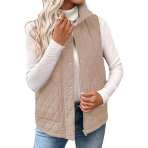 imageEVALESS Womens Puffer Vest Lightweight Stand Collar Sleeveless Cropped Quilted Jackets Button Fall Zip Up Coat OuterwearJet Stream