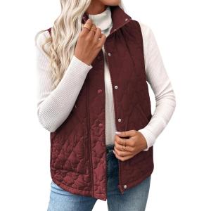 imageEVALESS Womens Puffer Vest Lightweight Stand Collar Sleeveless Cropped Quilted Jackets Button Fall Zip Up Coat OuterwearWine Red