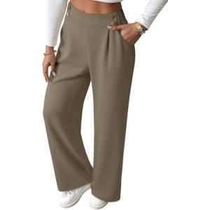 imageEVALESS Womens Wide Leg Work Pants Straight Elastic High Waisted Double Button Trousers Business Casual Pants with PocketsLight Khaki
