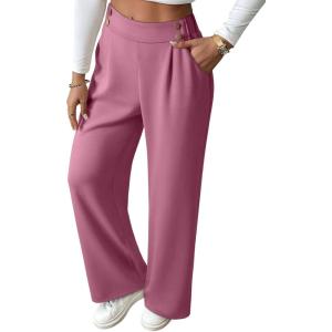 imageEVALESS Womens Wide Leg Work Pants Straight Elastic High Waisted Double Button Trousers Business Casual Pants with PocketsRose Pink