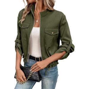 imageEVALESS Womens Zip Up Jacket Roll Tab Sleeve Flap Pocket Drawstring Hem Utility Lightweight Cropped JacketsArmy Green