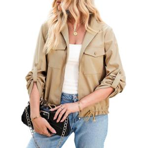 imageEVALESS Womens Zip Up Jacket Roll Tab Sleeve Flap Pocket Drawstring Hem Utility Lightweight Cropped JacketsBeige