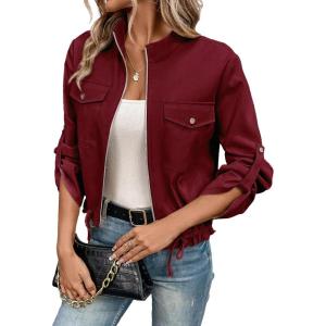 imageEVALESS Womens Zip Up Jacket Roll Tab Sleeve Flap Pocket Drawstring Hem Utility Lightweight Cropped JacketsBurgundy