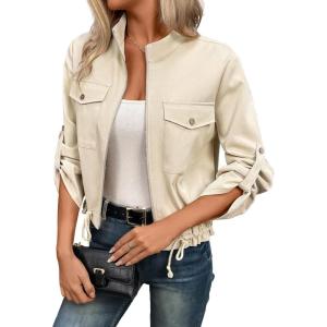 imageEVALESS Womens Zip Up Jacket Roll Tab Sleeve Flap Pocket Drawstring Hem Utility Lightweight Cropped JacketsCream