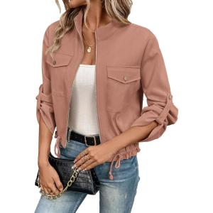 imageEVALESS Womens Zip Up Jacket Roll Tab Sleeve Flap Pocket Drawstring Hem Utility Lightweight Cropped JacketsDusty Pink