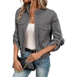 imageEVALESS Womens Zip Up Jacket Roll Tab Sleeve Flap Pocket Drawstring Hem Utility Lightweight Cropped JacketsGray
