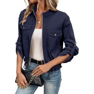 imageEVALESS Womens Zip Up Jacket Roll Tab Sleeve Flap Pocket Drawstring Hem Utility Lightweight Cropped JacketsNavy Blue