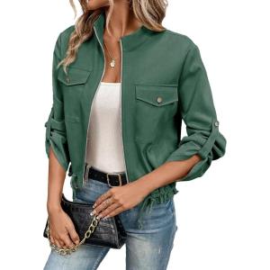 imageEVALESS Womens Zip Up Jacket Roll Tab Sleeve Flap Pocket Drawstring Hem Utility Lightweight Cropped JacketsSea Green