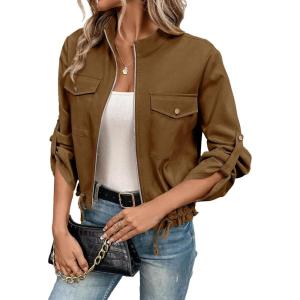 imageEVALESS Womens Zip Up Jacket Roll Tab Sleeve Flap Pocket Drawstring Hem Utility Lightweight Cropped JacketsSepia