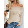 imageEVALESS Womens Off The Shoulder Sweater Fall Fringe Long Sleeve Loose Pullover Sweaters TopsBeige