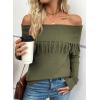 imageEVALESS Womens Off The Shoulder Sweater Fall Fringe Long Sleeve Loose Pullover Sweaters TopsJungle Green