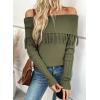 imageEVALESS Womens Off The Shoulder Sweater Fall Fringe Long Sleeve Loose Pullover Sweaters TopsJungle Green