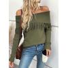 imageEVALESS Womens Off The Shoulder Sweater Fall Fringe Long Sleeve Loose Pullover Sweaters TopsJungle Green