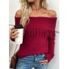 imageEVALESS Womens Off The Shoulder Sweater Fall Fringe Long Sleeve Loose Pullover Sweaters TopsRed Dahlia