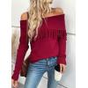 imageEVALESS Womens Off The Shoulder Sweater Fall Fringe Long Sleeve Loose Pullover Sweaters TopsRed Dahlia