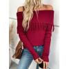 imageEVALESS Womens Off The Shoulder Sweater Fall Fringe Long Sleeve Loose Pullover Sweaters TopsRed Dahlia