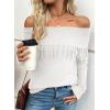 imageEVALESS Womens Off The Shoulder Sweater Fall Fringe Long Sleeve Loose Pullover Sweaters TopsWhite