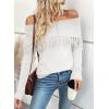 imageEVALESS Womens Off The Shoulder Sweater Fall Fringe Long Sleeve Loose Pullover Sweaters TopsWhite