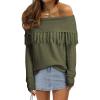 imageEVALESS Womens Off The Shoulder Sweater Fall Fringe Long Sleeve Loose Pullover Sweaters TopsJungle Green