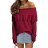 imageEVALESS Womens Off The Shoulder Sweater Fall Fringe Long Sleeve Loose Pullover Sweaters TopsRed Dahlia