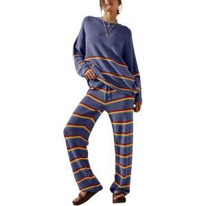 imageEVALESS 2 Piece Outfits for Women 2024 Striped Knit Sweater Sets Matching Loungewear SetDusty Blue