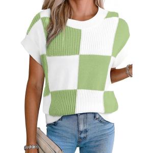 imageEVALESS Short Sleeve Sweater for Women Crewneck Color Block Knit Tops 2025 Fall Trendy Cap Sleeve Sweater VestLight Green