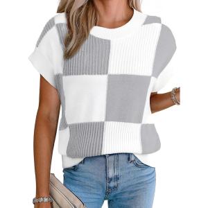 imageEVALESS Short Sleeve Sweater for Women Crewneck Color Block Knit Tops 2025 Fall Trendy Cap Sleeve Sweater VestLight Grey