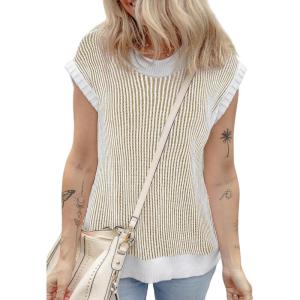 imageEVALESS Sweater Tank Tops for Women Summer Cap Sleeve Striped Crew Neck Loose Fit Knit Lightweight Vest Pullover TopLight French Beige