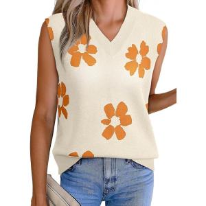 imageEVALESS Sweater Vest Women Fall Clothes Casual V Neck Cap Sleeve Knit Sweaters Floral Print Vest Tops School OutfitsBeige