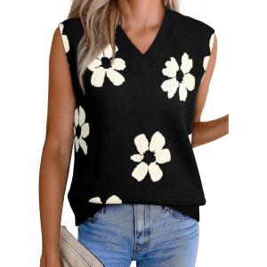 imageEVALESS Sweater Vest Women Fall Clothes Casual V Neck Cap Sleeve Knit Sweaters Floral Print Vest Tops School OutfitsBlack