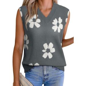 imageEVALESS Sweater Vest Women Fall Clothes Casual V Neck Cap Sleeve Knit Sweaters Floral Print Vest Tops School OutfitsGray