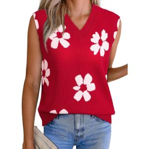 imageEVALESS Sweater Vest Women Fall Clothes Casual V Neck Cap Sleeve Knit Sweaters Floral Print Vest Tops School OutfitsRed