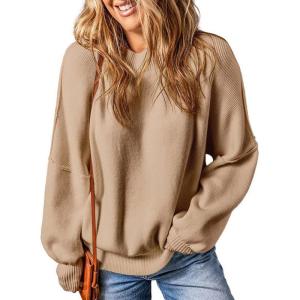 imageEVALESS Sweaters for Women Fashion 2024 Crewneck Batwing Sleeve Oversized Side Slit Ribbed Knit Pullover Sweater TopsApricot