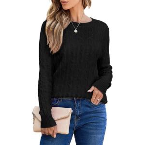 imageEVALESS Womens Cable Knitted Old Money Pullover Sweater Crewneck Business Casual Long Sleeve TopsBlack