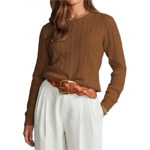 imageEVALESS Womens Cable Knitted Old Money Pullover Sweater Crewneck Business Casual Long Sleeve TopsBrown