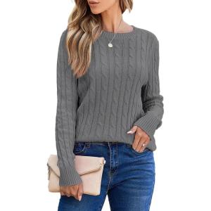 imageEVALESS Womens Cable Knitted Old Money Pullover Sweater Crewneck Business Casual Long Sleeve TopsDark Gray