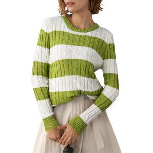 imageEVALESS Womens Cable Knitted Old Money Pullover Sweater Crewneck Business Casual Long Sleeve TopsGreen Stripe
