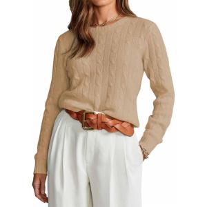 imageEVALESS Womens Cable Knitted Old Money Pullover Sweater Crewneck Business Casual Long Sleeve TopsLight Khaki