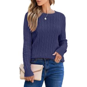 imageEVALESS Womens Cable Knitted Old Money Pullover Sweater Crewneck Business Casual Long Sleeve TopsNavy Blue