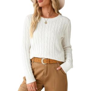 imageEVALESS Womens Cable Knitted Old Money Pullover Sweater Crewneck Business Casual Long Sleeve TopsWhite