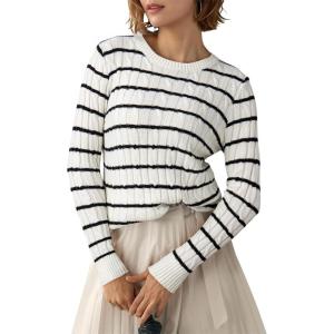 imageEVALESS Womens Cable Knitted Old Money Pullover Sweater Crewneck Business Casual Long Sleeve TopsWhiteblack Stripe