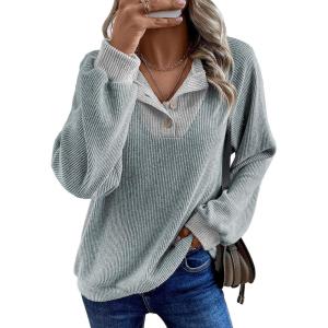 imageEVALESS Womens Fall Fashion 2025 Womens Long Sleeve Shirts Patchwork Button Up V Neck Sweatshirt Casual Pullover TopsMyosotis