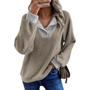 imageEVALESS Womens Fall Fashion 2025 Womens Long Sleeve Shirts Patchwork Button Up V Neck Sweatshirt Casual Pullover TopsSimply Taupe