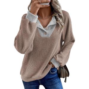 imageEVALESS Womens Fall Fashion 2025 Womens Long Sleeve Shirts Patchwork Button Up V Neck Sweatshirt Casual Pullover TopsTawny