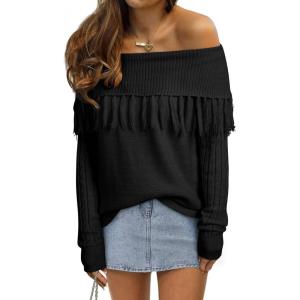 imageEVALESS Womens Off The Shoulder Sweater Fall Fringe Long Sleeve Loose Pullover Sweaters TopsBlack